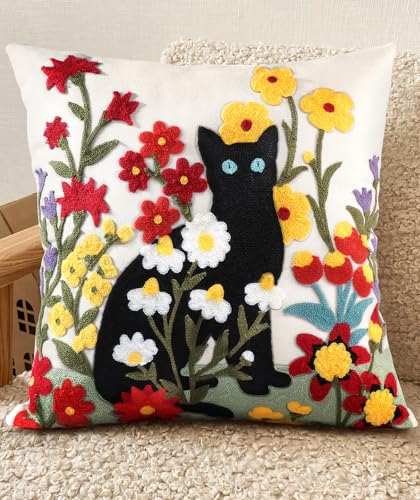 Kokaaee Embroidered Throw Pillow Cover 18x18 Decorative Pillow Cover with Zipper Aesthetic Cute Design Boho Spring Summer Throw Pillowcase for Living Room Couch Sofa Bed Flower Cats - Image 1