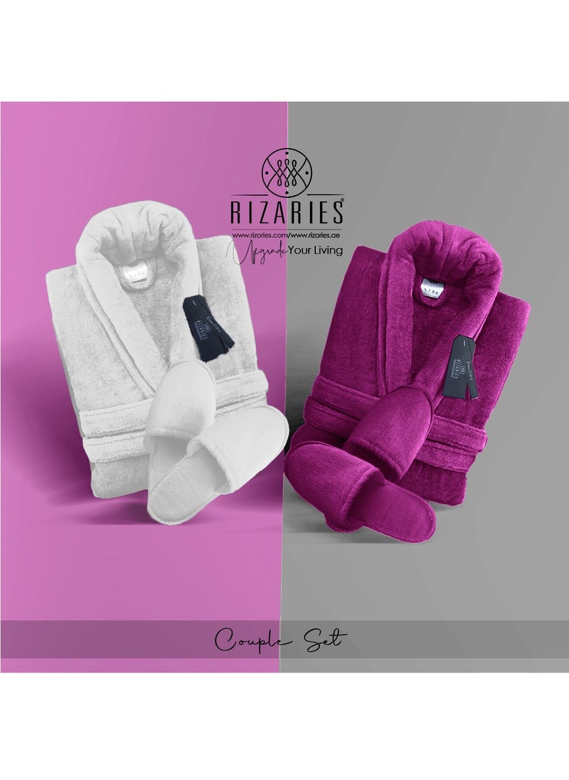 RIZARIES Couple Luxury Bathrobe Set Purple & White 2 Velour Bathrobe, 2 Velour Slippers - Unisex  - Image 1