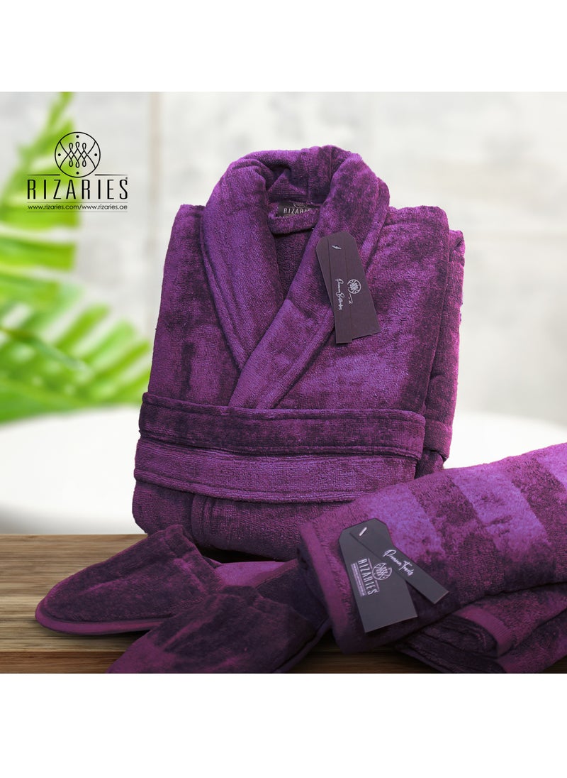 RIZARIES Couple Luxury Bathrobe Set Purple & White 2 Velour Bathrobe, 2 Velour Slippers - Unisex  - Image 3
