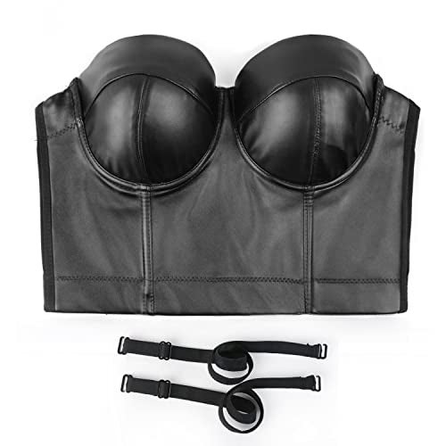 ELLACCI PU Leather Bustier Crop Top Gothic Punk Push Up Women's Corset Top Bra Black X-Large - Image 3