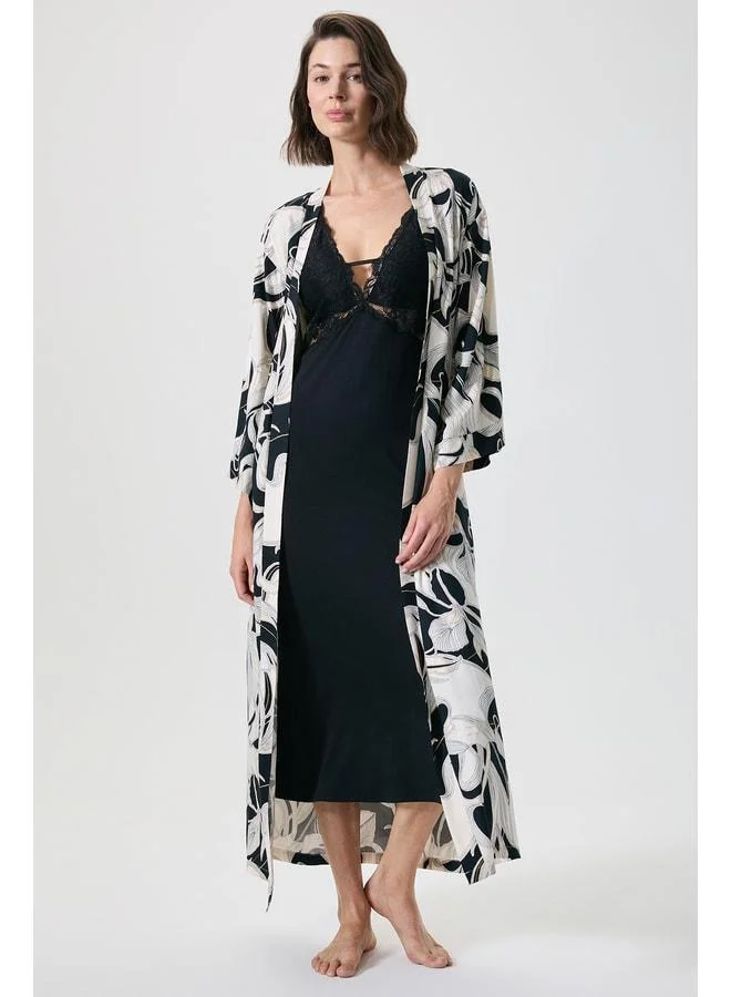 Penye Mood Lace detailed kimono long morning robe set.