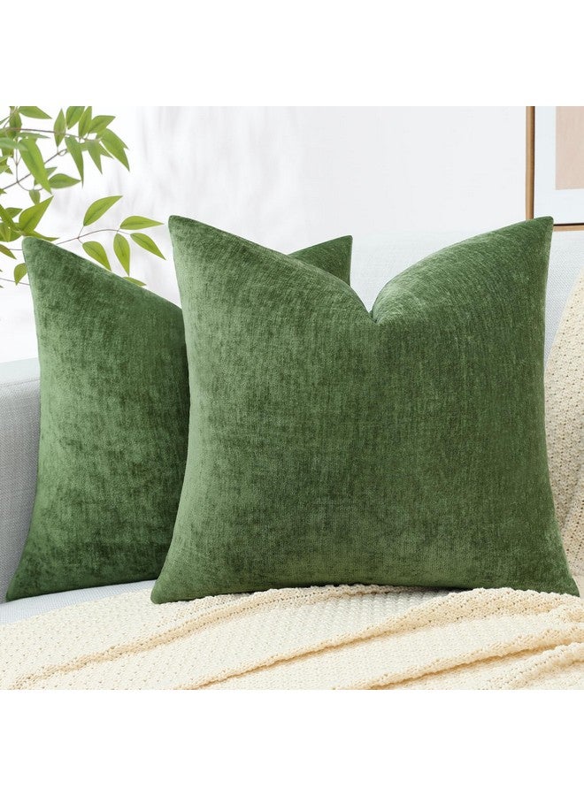 decorUhome Couch Throw Pillow Covers 18x18 Set of 2, Decorative Soft Neutral Chenille Solid Dyed Square Pillow Covers for Sofa Bed Living Room, Moss Green - Image 1