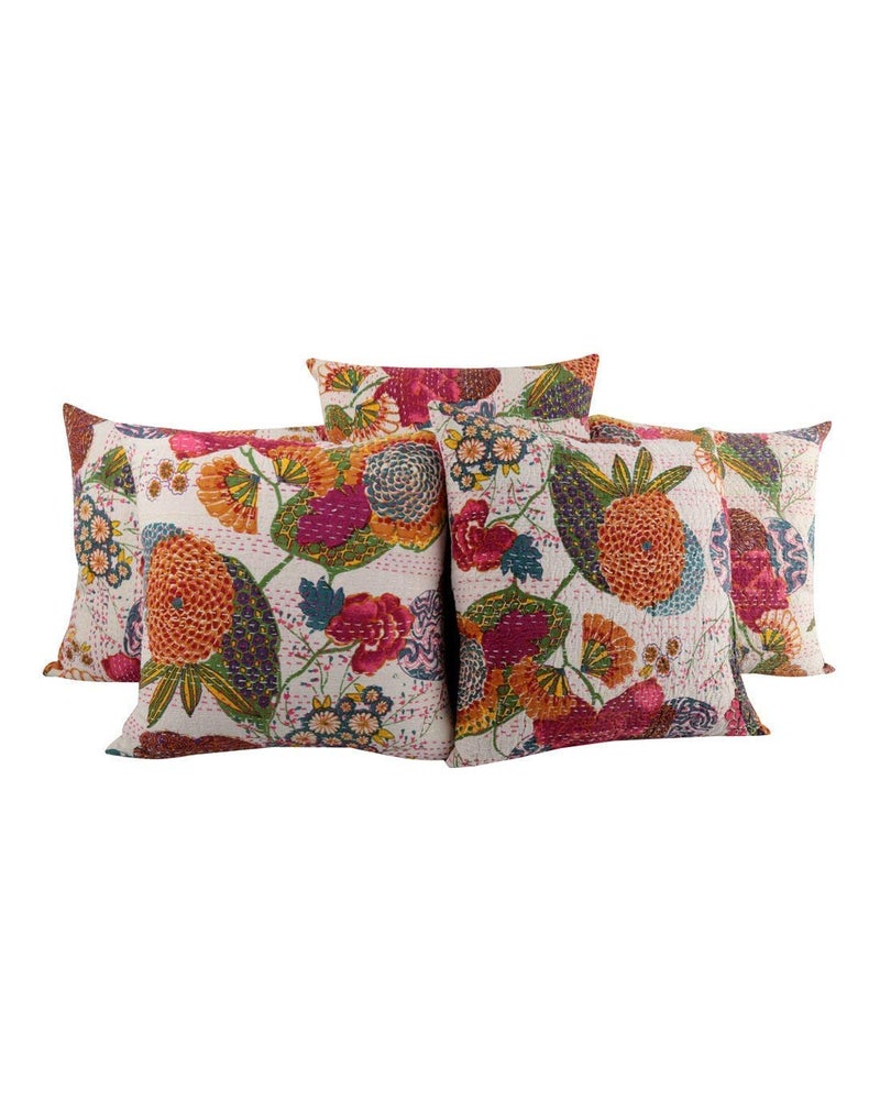 TI AMO Textile Art Cotton Fruit Kantha Embroidery Cushion Cover - Set of 5 (White, 16x16 Inches) - Image 1