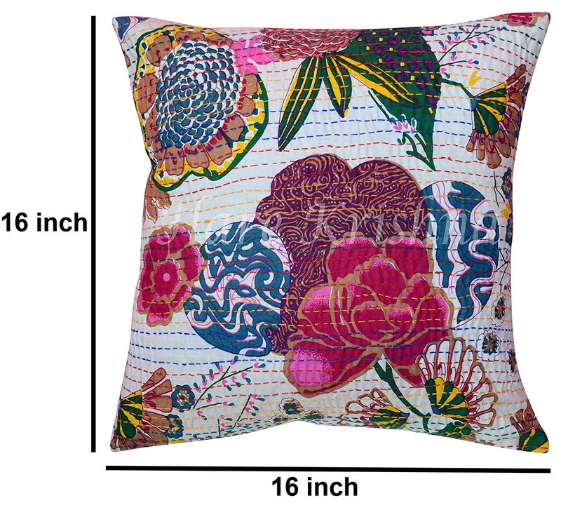 TI AMO Textile Art Cotton Fruit Kantha Embroidery Cushion Cover - Set of 5 (White, 16x16 Inches) - Image 5
