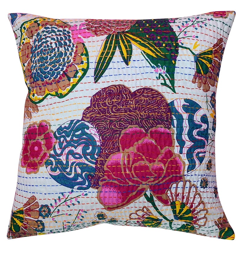 TI AMO Textile Art Cotton Fruit Kantha Embroidery Cushion Cover - Set of 5 (White, 16x16 Inches) - Image 3