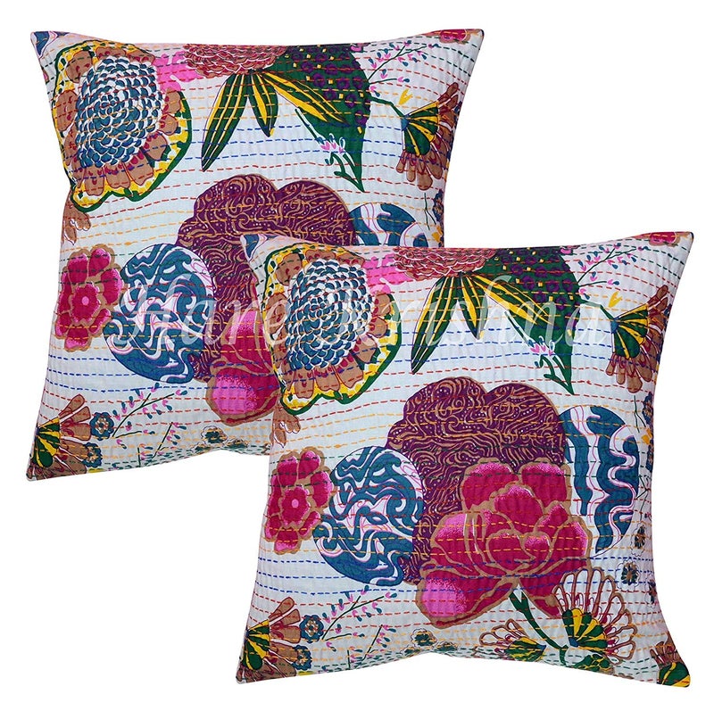 TI AMO Textile Art Cotton Fruit Kantha Embroidery Cushion Cover - Set of 5 (White, 16x16 Inches) - Image 4