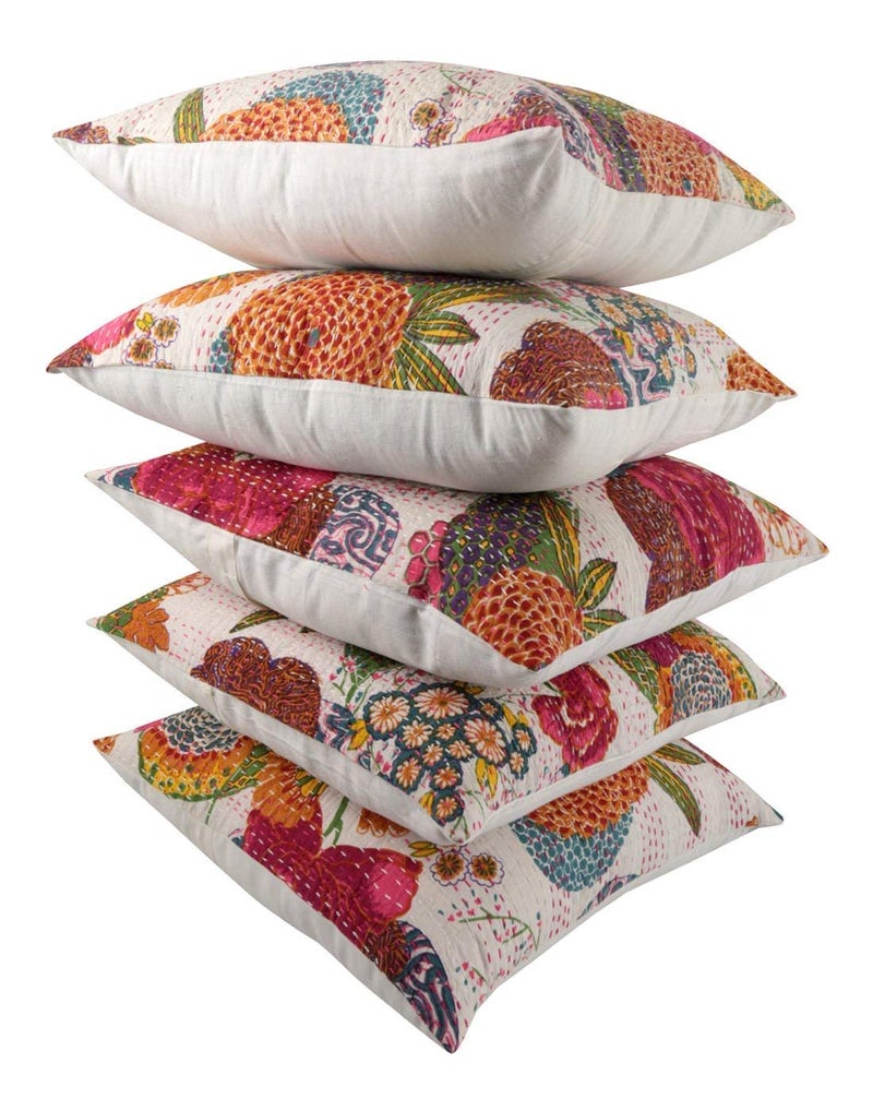 TI AMO Textile Art Cotton Fruit Kantha Embroidery Cushion Cover - Set of 5 (White, 16x16 Inches) - Image 2