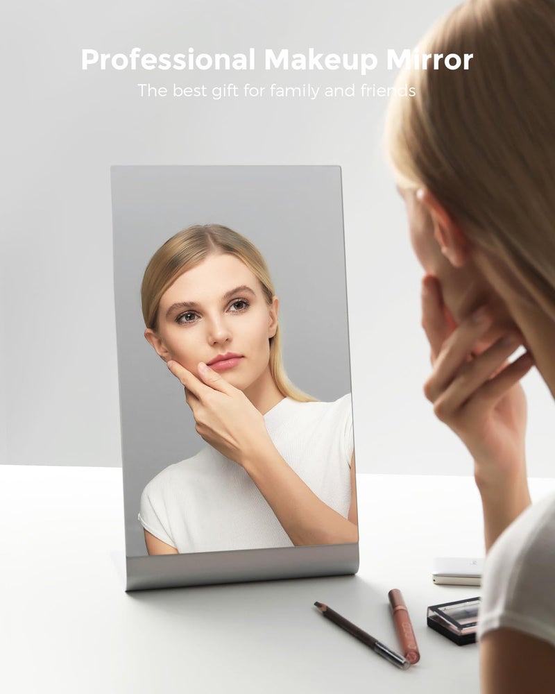 NEZZOE Frameless Makeup Mirror for Desk, 15 x 8.5 Inch Aluminum Standing Table Mirror, Large Counter Top Mirror - Image 4