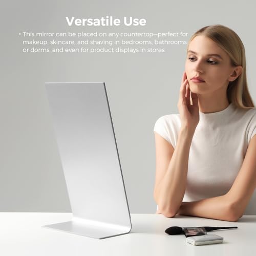 NEZZOE Frameless Makeup Mirror for Desk, 15 x 8.5 Inch Aluminum Standing Table Mirror, Large Counter Top Mirror - Image 5