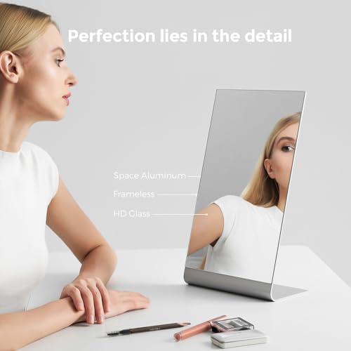NEZZOE Frameless Makeup Mirror for Desk, 15 x 8.5 Inch Aluminum Standing Table Mirror, Large Counter Top Mirror - Image 2