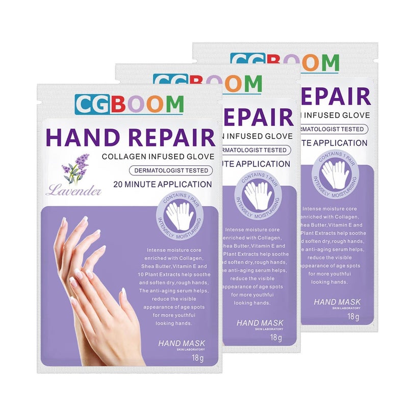 CGBOOM 3 Pairs Hand Masks Moisturizing Gloves, Hand Skin Repair Renew Mask Infused Collagen, Vitamins + Natural Plant Extracts for Dry, Aging, Cracked Hands (Lavender) - Image 1