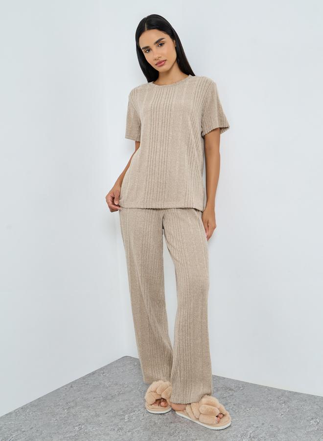 Styli Melange Brushed Ribbed Top and Pyjama Set - Image 1