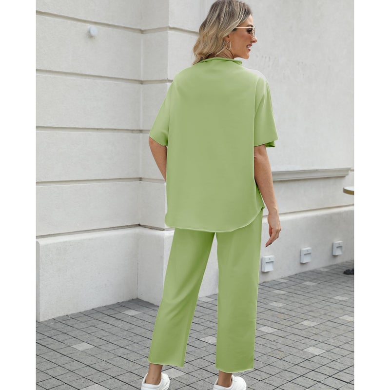 SeeLuNa Women's Two Piece Outfits 3/4 Batwing Sleeve Capelet Crew Neck Pullover Top Wide Leg Pants Lounge Set(Light-Green,S) - Image 2
