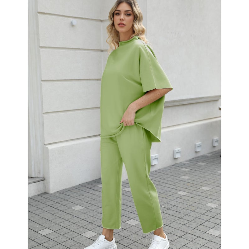 SeeLuNa Women's Two Piece Outfits 3/4 Batwing Sleeve Capelet Crew Neck Pullover Top Wide Leg Pants Lounge Set(Light-Green,S) - Image 4
