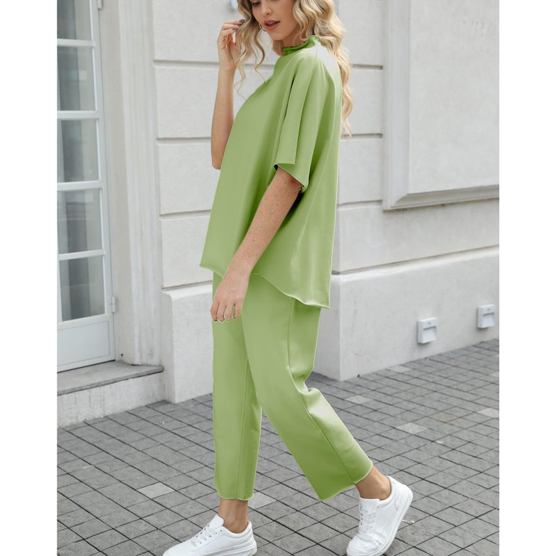 SeeLuNa Women's Two Piece Outfits 3/4 Batwing Sleeve Capelet Crew Neck Pullover Top Wide Leg Pants Lounge Set(Light-Green,S) - Image 3