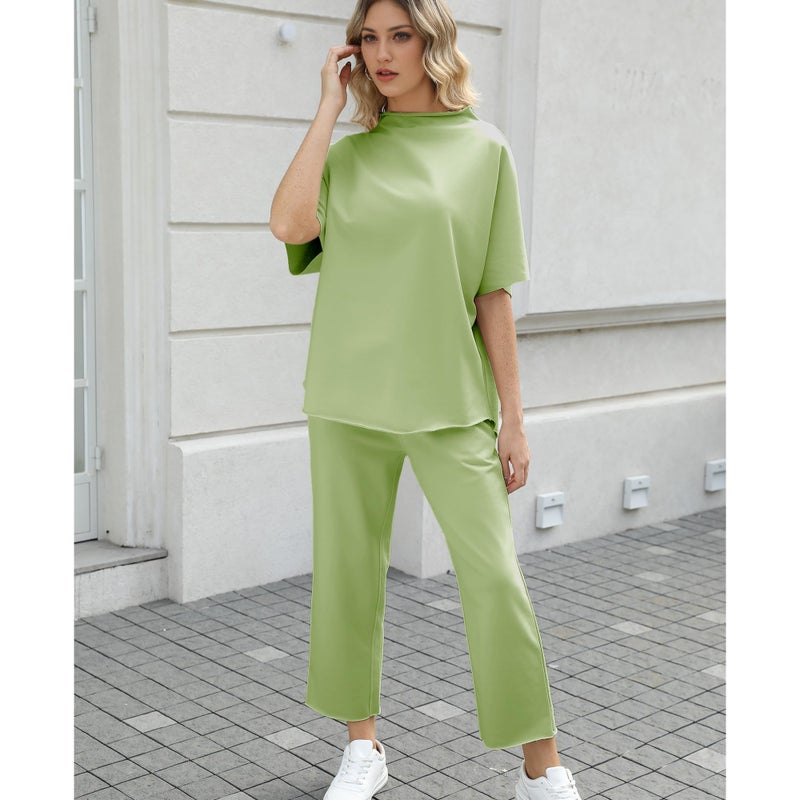 SeeLuNa Women's Two Piece Outfits 3/4 Batwing Sleeve Capelet Crew Neck Pullover Top Wide Leg Pants Lounge Set(Light-Green,S) - Image 5