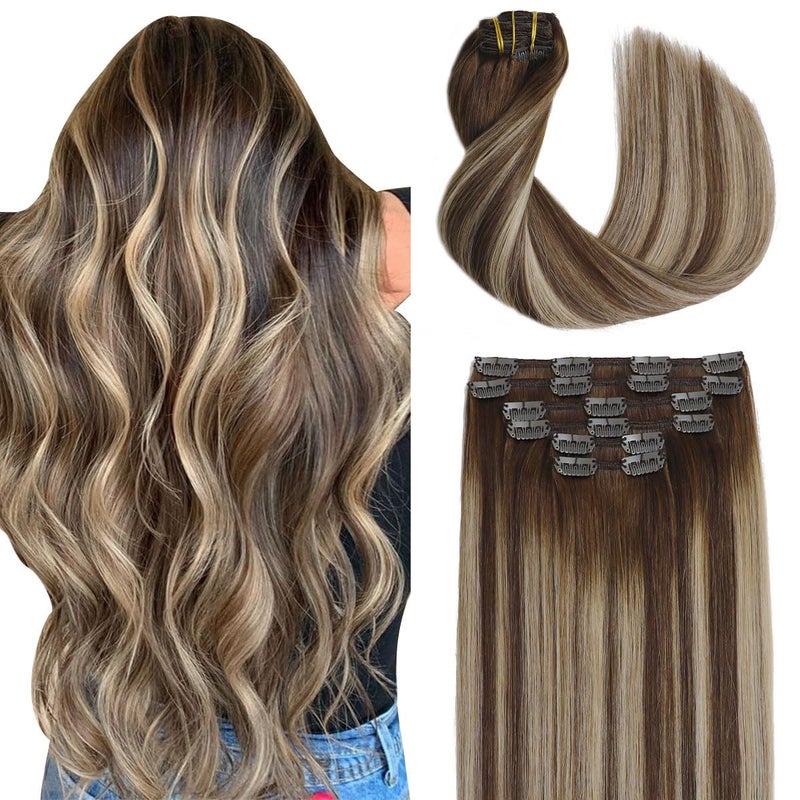 Sindra Hair Extensions Real Human Hair Clip ins 14Inch Balayage Chocolate Brown Ombre Caramel Blonde Clip in Extensions Remy Straight For Women 100G 6Pcsc4274 14inch