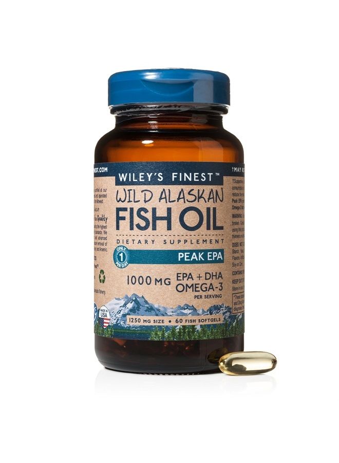 Wiley's Finest Wild Alaskan Fish Oil Peak EPA - Triple Strength Peak EPA and DHA - 1000mg Omega-3s, SQF-Certified - 60 Softgels (60 Servings) - Image 1