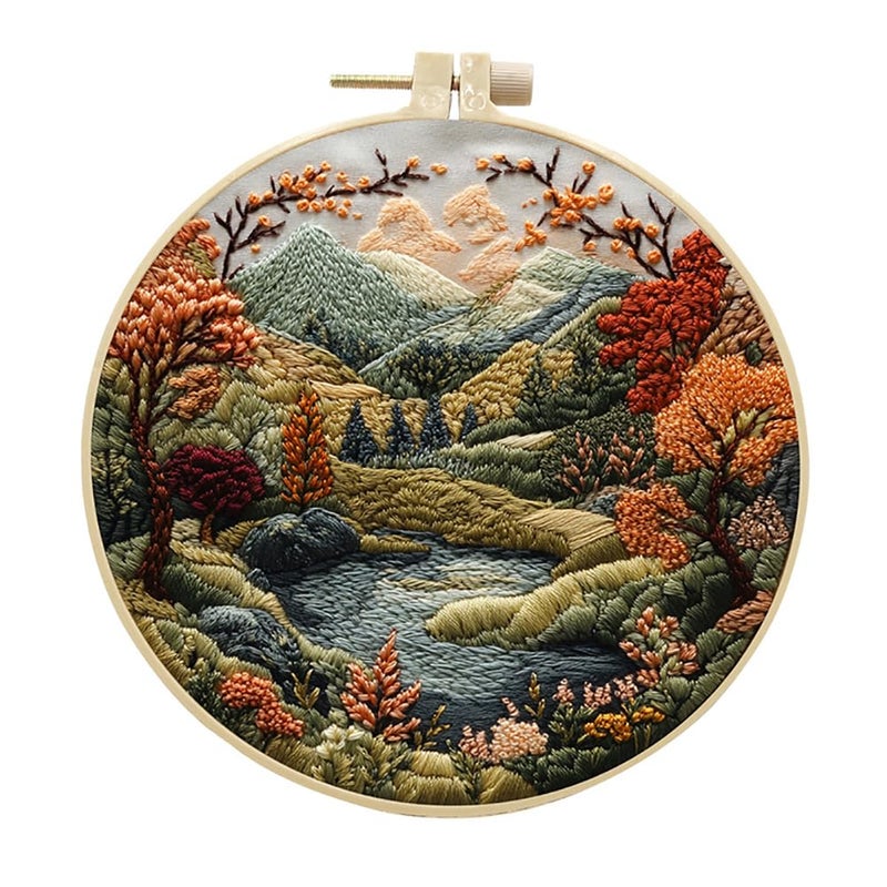 Eforcase Embroidery Starter Kit for Adult Beginner with Landscape Tree Mountain River Floral Nature Scenery Pattern Cross Stitch Hand Embroidery Set DIY Cross Stitch Kits with Hoops Needles Threads - Image 1