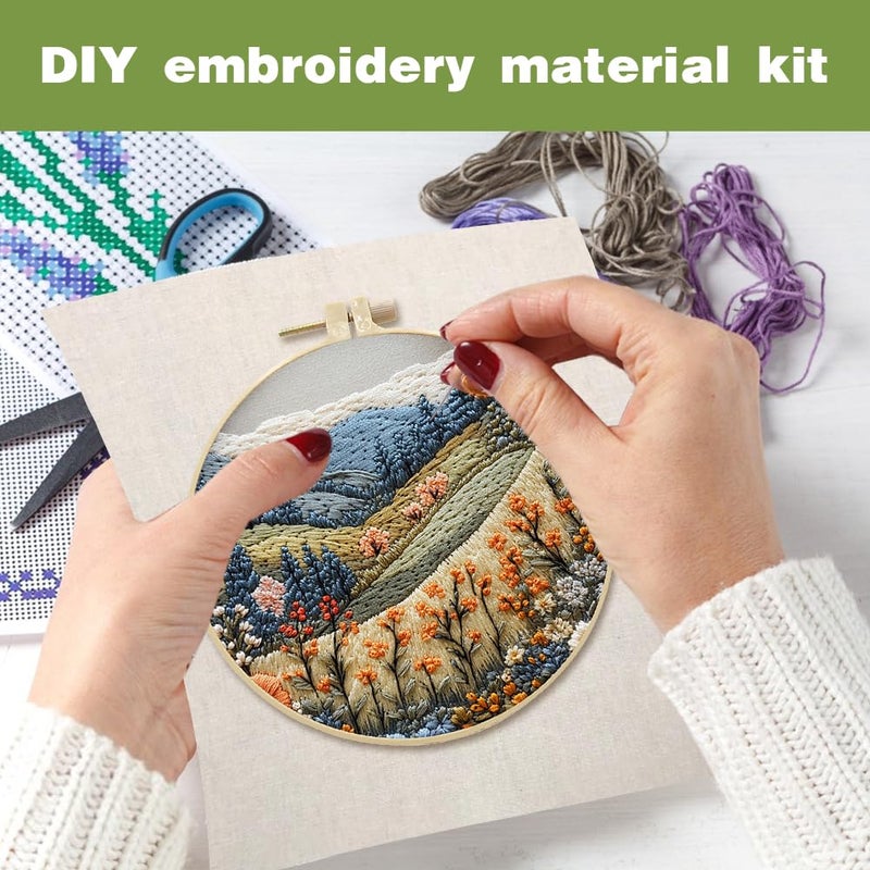 Eforcase Embroidery Starter Kit for Adult Beginner with Landscape Tree Mountain River Floral Nature Scenery Pattern Cross Stitch Hand Embroidery Set DIY Cross Stitch Kits with Hoops Needles Threads - Image 3