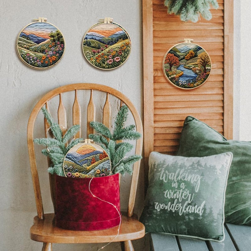 Eforcase Embroidery Starter Kit for Adult Beginner with Landscape Tree Mountain River Floral Nature Scenery Pattern Cross Stitch Hand Embroidery Set DIY Cross Stitch Kits with Hoops Needles Threads - Image 4