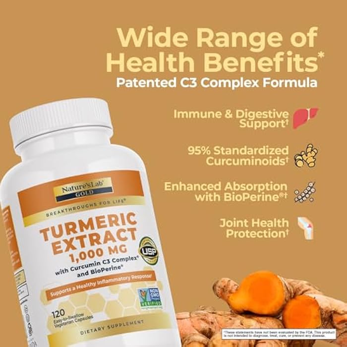 Nature's Lab Turmeric Curcumin C3 Complex 1000mg - Turmeric Extract 1000mg & BioPerine 5mg Standardized to 95%, Promotes Cardiovascular, Immune, Joint, Skin Health - 120 Capsules (60 Day Supply) - Image 3