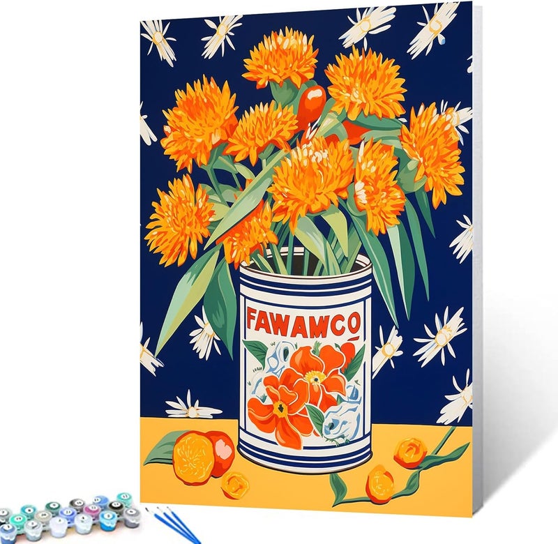 Tucocoo Retor Orange Flowers in a Tin DIY Paint by Numbers for Adults Orange Floral DIY Oil Painting Acrylic Paint Art Painting Kit Canvas with Acrylic Paints Vintage Flowers Art 16x20 Inchwithout Frame - Image 2