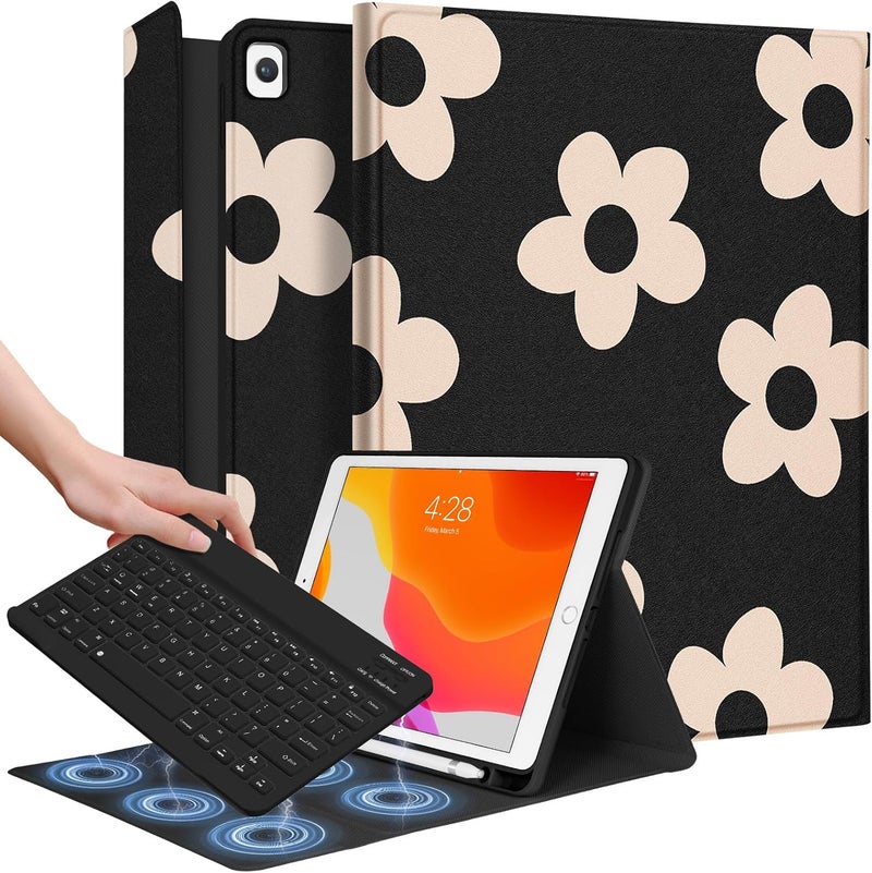 Wazzasoft for iPad 9th/8th/7th/Air 3rd Generation/Pro 10.5 Inch Case Keyboard Pencil Holder Folio Tablet Cover Women Girl Cute Girly Teen Kawaii Black Flower Unique Design for Apple 10.2 & 10.5 Inch - Image 1