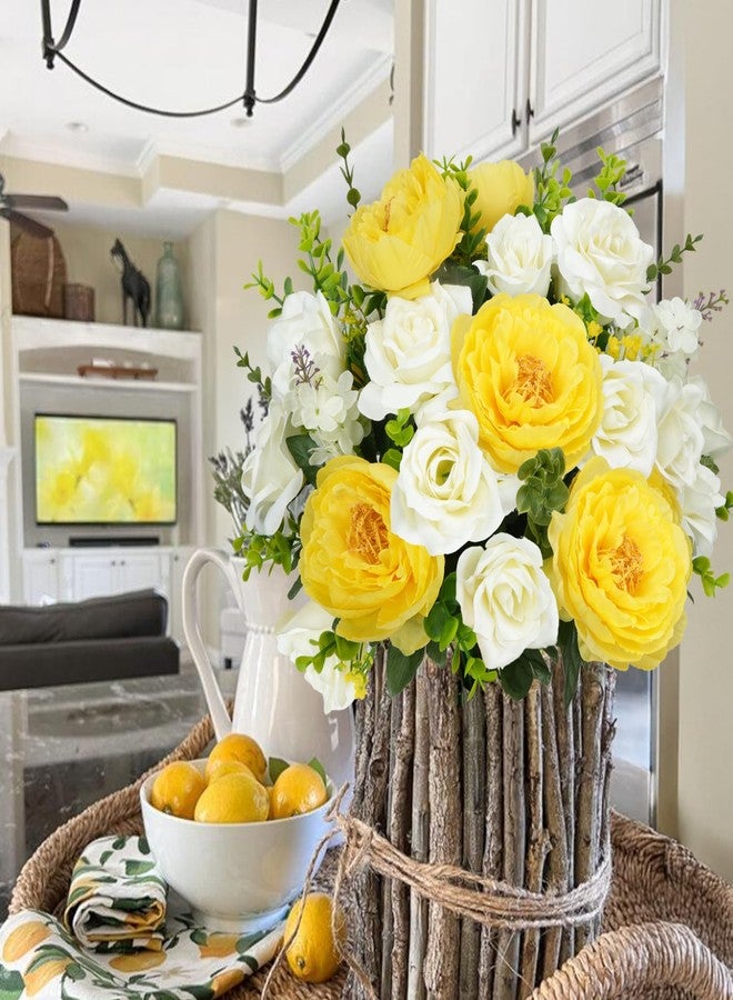 HO2NLE 2 Bunches Spring Cemetery Flowers for Grave Yellow Roses Artificial Flowers 18'' Faux Peonies Silk Floral Arrangements Memorial Flowers for Outdoor Headstone Vase Table Centerpiece Home Decor - Image 5