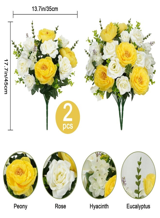 HO2NLE 2 Bunches Spring Cemetery Flowers for Grave Yellow Roses Artificial Flowers 18'' Faux Peonies Silk Floral Arrangements Memorial Flowers for Outdoor Headstone Vase Table Centerpiece Home Decor - Image 2