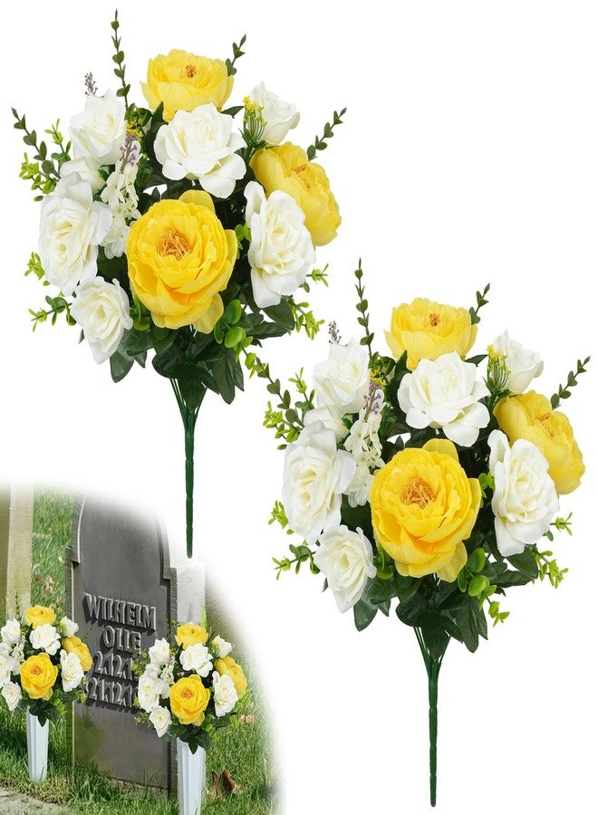 HO2NLE 2 Bunches Spring Cemetery Flowers for Grave Yellow Roses Artificial Flowers 18'' Faux Peonies Silk Floral Arrangements Memorial Flowers for Outdoor Headstone Vase Table Centerpiece Home Decor - Image 1
