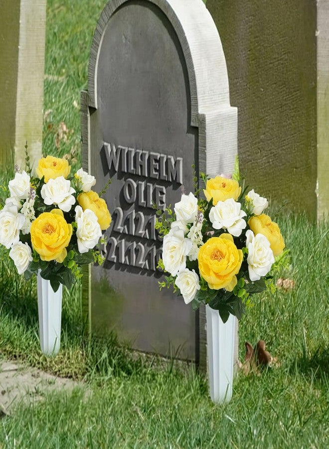 HO2NLE 2 Bunches Spring Cemetery Flowers for Grave Yellow Roses Artificial Flowers 18'' Faux Peonies Silk Floral Arrangements Memorial Flowers for Outdoor Headstone Vase Table Centerpiece Home Decor - Image 3