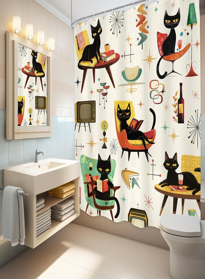 LGhtyro Funny Black Cat Shower Curtain Bathroom Set 60Wx71H Inches Mid Century Vintage Cute Hilarious Animals Reading Book Lovely Bath Accessories Illustration Art Home Decor Fabric 12 Pack Hooks - Image 4