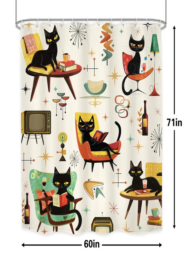 LGhtyro Funny Black Cat Shower Curtain Bathroom Set 60Wx71H Inches Mid Century Vintage Cute Hilarious Animals Reading Book Lovely Bath Accessories Illustration Art Home Decor Fabric 12 Pack Hooks - Image 5