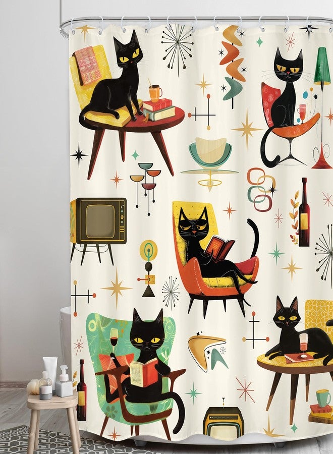 LGhtyro Funny Black Cat Shower Curtain Bathroom Set 60Wx71H Inches Mid Century Vintage Cute Hilarious Animals Reading Book Lovely Bath Accessories Illustration Art Home Decor Fabric 12 Pack Hooks - Image 3