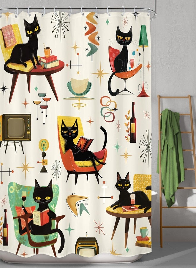 LGhtyro Funny Black Cat Shower Curtain Bathroom Set 60Wx71H Inches Mid Century Vintage Cute Hilarious Animals Reading Book Lovely Bath Accessories Illustration Art Home Decor Fabric 12 Pack Hooks - Image 2