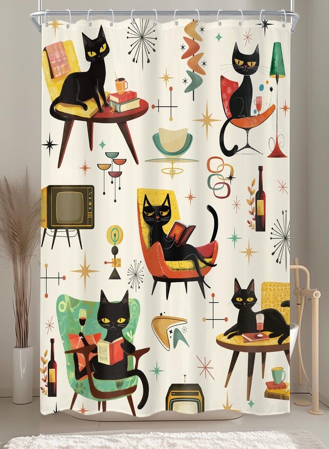 LGhtyro Funny Black Cat Shower Curtain Bathroom Set 60Wx71H Inches Mid Century Vintage Cute Hilarious Animals Reading Book Lovely Bath Accessories Illustration Art Home Decor Fabric 12 Pack Hooks - Image 1