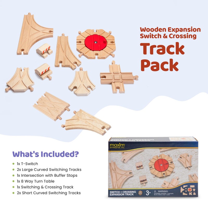 maxim enterprise, inc. Expansion Wooden Train Tracks Switch with Railway Crossing Track, Genuine Hardwood Tracks Compatible with Thomas & Friends, Brio Train Accessories, Melissa and Doug, 11 Piece - Image 2