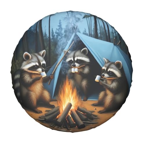 AZIYFBR Raccoons Campfire Universal Spare Tire Cover15 InchCute Waterproof Polyester Wheel Protector Funny Tire Covers for Rv Suvs Trucks Travel Trailers OutdoorEasy Install - Image 1