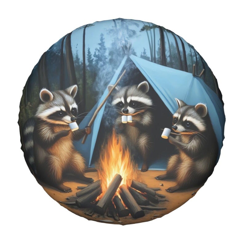 AZIYFBR Raccoons Campfire Universal Spare Tire Cover15 InchCute Waterproof Polyester Wheel Protector Funny Tire Covers for Rv Suvs Trucks Travel Trailers OutdoorEasy Install - Image 3