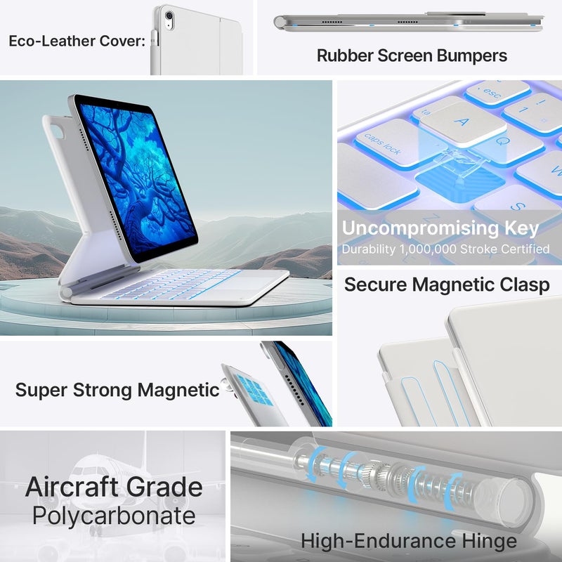 typecase Edge Magic Style Keyboard Case for iPad 11th (A16, 2025) & iPad 10th Gen with Multi Gesture Precision Touchpad & 11-Colors Backlit, Floating Cantilever Stand, Pencil Holder (White'25) - Image 5