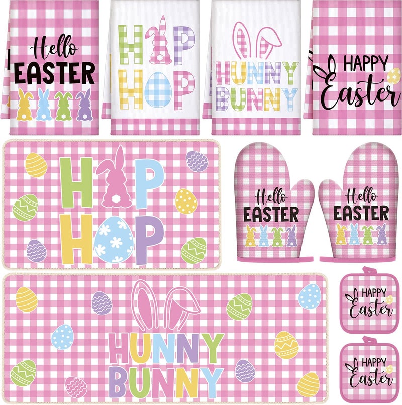 VitalCozy 10 Pcs Happy Easter Kitchen Decor Set Bunny Kitchen Towels and Rugs Oven Mitts and Pot Holders Home Decor Accessories Sets for Easter Chef Baking Cooking Grilling BBQ Gift - Image 2