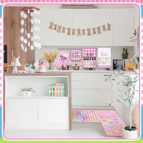 VitalCozy 10 Pcs Happy Easter Kitchen Decor Set Bunny Kitchen Towels and Rugs Oven Mitts and Pot Holders Home Decor Accessories Sets for Easter Chef Baking Cooking Grilling BBQ Gift - Image 3