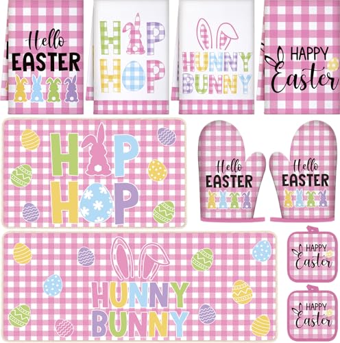 VitalCozy 10 Pcs Happy Easter Kitchen Decor Set Bunny Kitchen Towels and Rugs Oven Mitts and Pot Holders Home Decor Accessories Sets for Easter Chef Baking Cooking Grilling BBQ Gift - Image 1