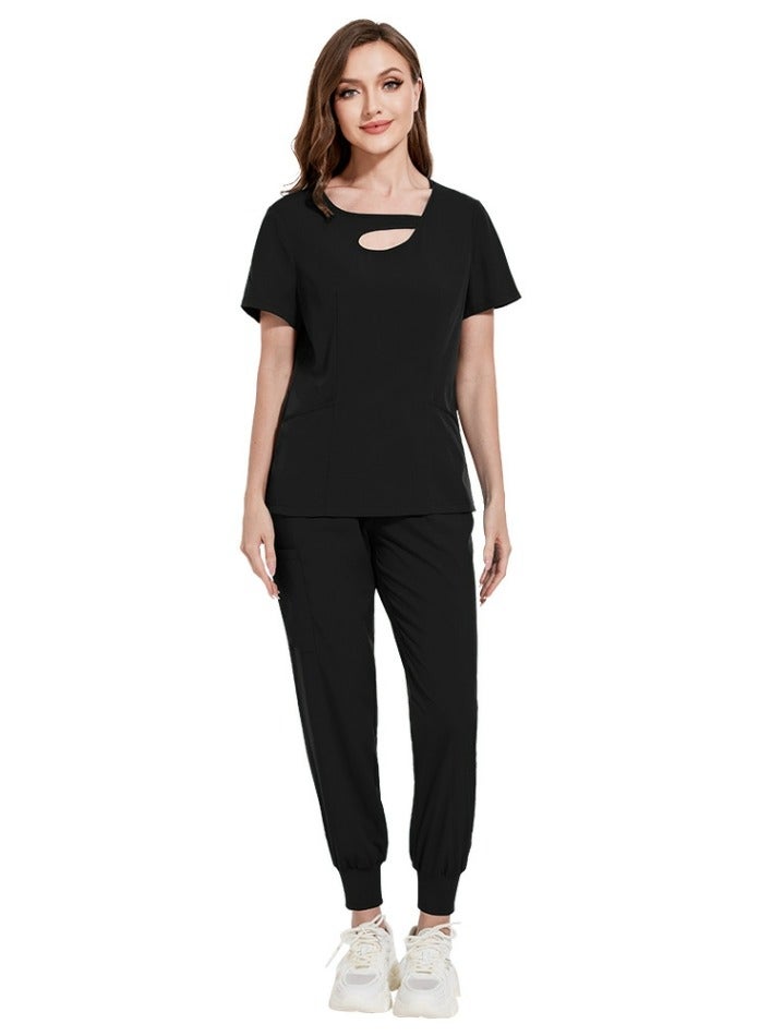 Loquat Womens Fashion Medical Uniform Scrubs 2 Piece Set Top and Jogger Pants Suit Black - Image 1