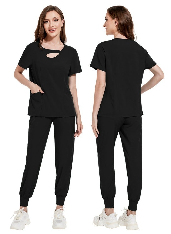 Loquat Womens Fashion Medical Uniform Scrubs 2 Piece Set Top and Jogger Pants Suit Black - Image 2