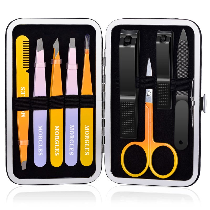 MORGLES Tweezers Set, Professional Nail Clippers and Tweezer Kit for Women and Men with Leather Travel Case, 9 Pack - Image 1