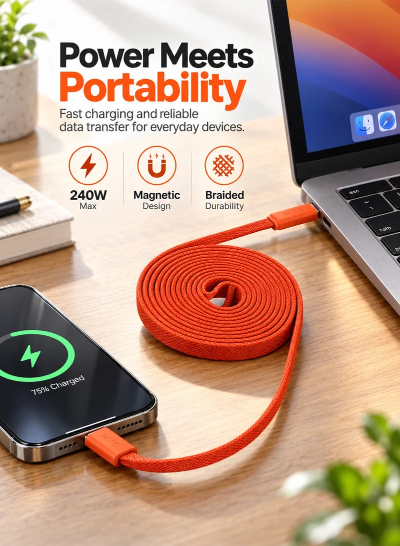 واي كابل شحن مغناطيسي WYE FLOW USB-C إلى USB-C، 240 واط، 1 متر، برتقالي