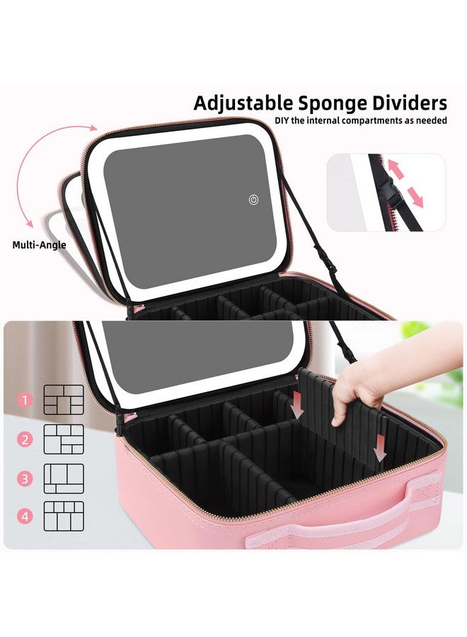 اروتيد حقيبة مكياج RRtide مع مرآة بإضاءة LED، حقيبة مكياج للسفر، منظم حقيبة مستحضرات تجميل مع مقسمات قابلة للتعديل، حقيبة مكياج مع مرآة ومرآة مكبرة قابلة للفصل 10 أضعاف، وردي، حقيبة مكياج مع مرآة - Image 4