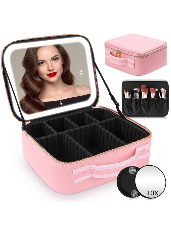 اروتيد حقيبة مكياج RRtide مع مرآة بإضاءة LED، حقيبة مكياج للسفر، منظم حقيبة مستحضرات تجميل مع مقسمات قابلة للتعديل، حقيبة مكياج مع مرآة ومرآة مكبرة قابلة للفصل 10 أضعاف، وردي، حقيبة مكياج مع مرآة - Image 1